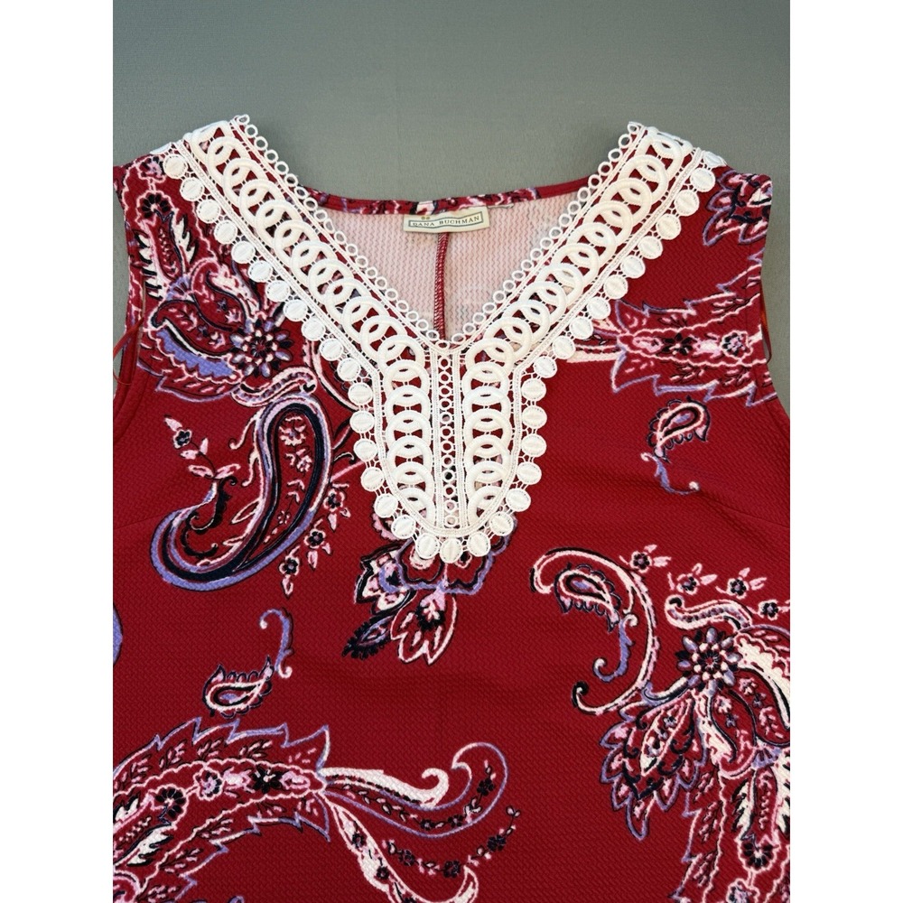 Dana Buchman Women's Dress Red PaisleyPrint White Lace Neck Sleeveless Sheath LG